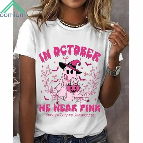 In October We Wear Pink Halloween Ghost Breast Cancer Awareness Shirt