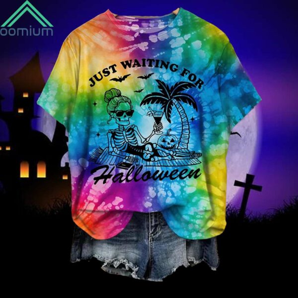 Just Waiting For Halloween Funny Skull Print Shirt