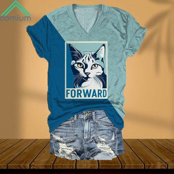 New Way Forward Blue Cat Blue V Neck Shirt