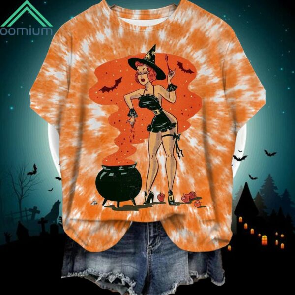 Retro Halloween Cartoon Tie Dye Printed Round Neck Short Sleeve Shirt