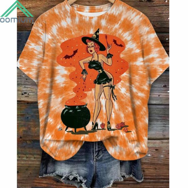 Retro Halloween Cartoon Tie Dye Printed Round Neck Short Sleeve Shirt