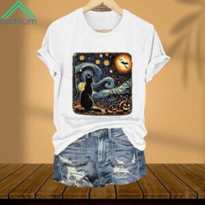 Retro Halloween Van Gogh Starry Night Cat Pumpkins Print Shirt