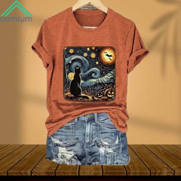 Retro Halloween Van Gogh Starry Night Cat Pumpkins Print Shirt