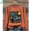 Retro Halloween Van Gogh Starry Night Cat Pumpkins Print Sweatshirt