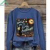 Retro Halloween Van Gogh Starry Night Cat Pumpkins Print Sweatshirt