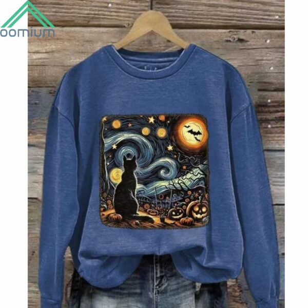 Retro Halloween Van Gogh Starry Night Cat Pumpkins Print Sweatshirt