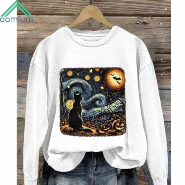 Retro Halloween Van Gogh Starry Night Cat Pumpkins Print Sweatshirt