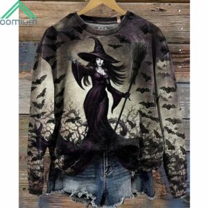 Retro Halloween Witch Printed Hooded Sweatshirt