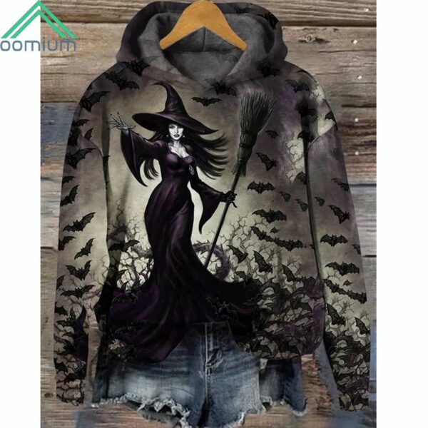 Retro Halloween Witch Printed Hooded Sweatshirt