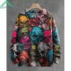 Vintage Multicolor Skull Halloween Art Print Knit Pullover Sweater