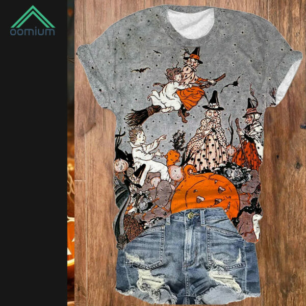 Vintage Witches Pumpkins & Bats Print Shirt