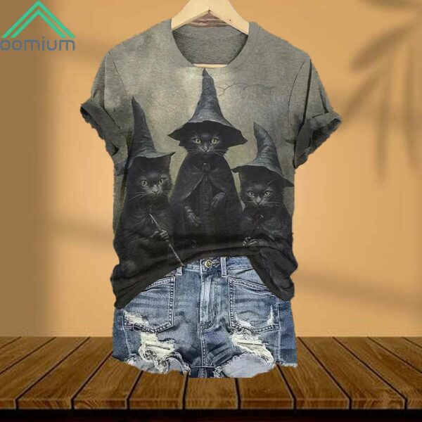 Witch Black Cats Print V Neck Shirt