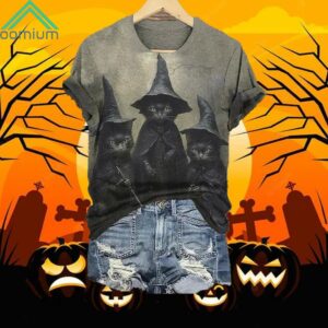 Witch Black Cats Print V Neck Shirt