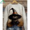 Women'S Halloween Cat Witch Printed T Shirt