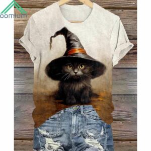 Women'S Halloween Cat Witch Printed T Shirt