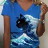 Women's Blue Waves & Cats V Neck Shirt