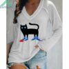 Women's Cat Wearing Blue Canvas Shoes Tramples Red Hat Printed V Neck Shirt