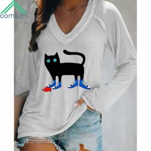 Women's Cat Wearing Blue Canvas Shoes Tramples Red Hat Printed V Neck Shirt