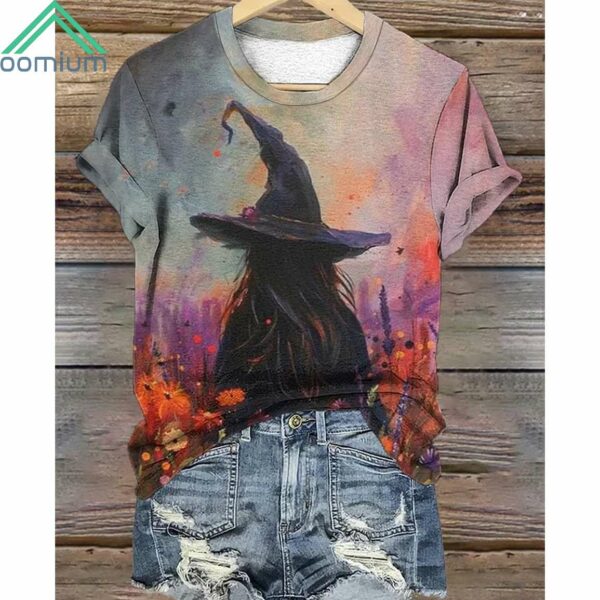 Women's Halloween Summer Witch In The Wildflowers Print Casual Shirt