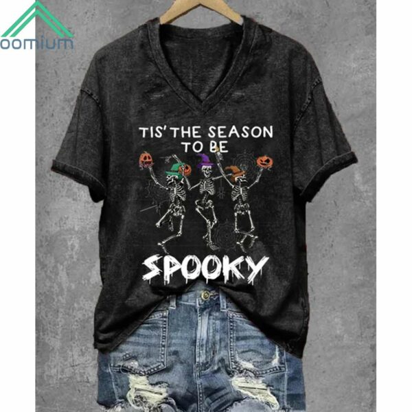 Women's Halloween 'Tis The Season To Be Spooky Print V Neck T Shirt