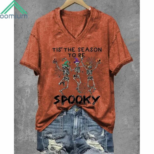 Women's Halloween 'Tis The Season To Be Spooky Print V Neck T Shirt