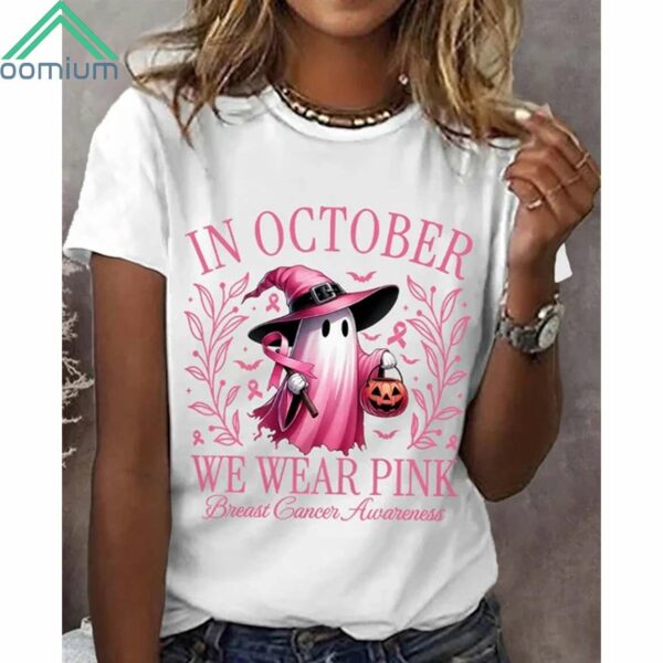 Women's In October We Wear Pink Halloween Ghost Breast Cancer Awareness Shirt