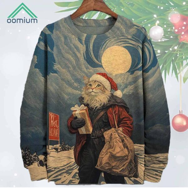 Cat Santa Claus Delivers Presents At Night Sweatshirt 1