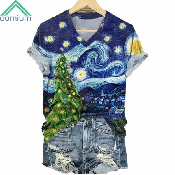 Christmas Starry Night Christmas Tree V Neck Shirt