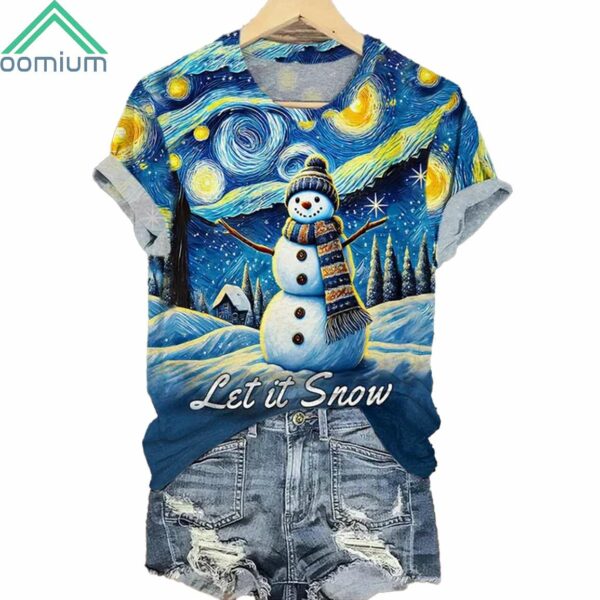 Christmas Starry Night Snowman Let It Snow V Neck Shirt