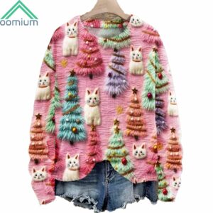 Christmas Tree Cute Cat 3D Print Knit Pullover Sweater