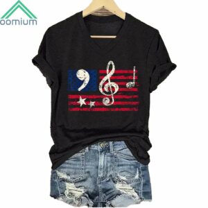 Comma La American Flag Musical Notes V Neck Shirt