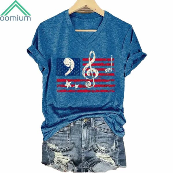 Comma La American Flag Musical Notes V Neck Shirt