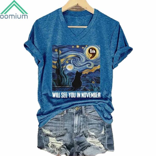 Comma La Cat Starry Night Will See You In November V Neck Shirt