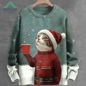 Snowing Christmas Cat Holding A Cup Art Print Knit Sweatshirt