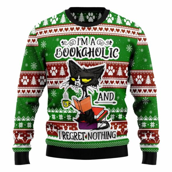 Black Cat Im A Bookaholic And I Regret Nothing Ugly Christmas Sweater