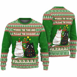 Cat Wreck The Tree And Blame The Doggie Falalalalala Ugly Christmas Sweater