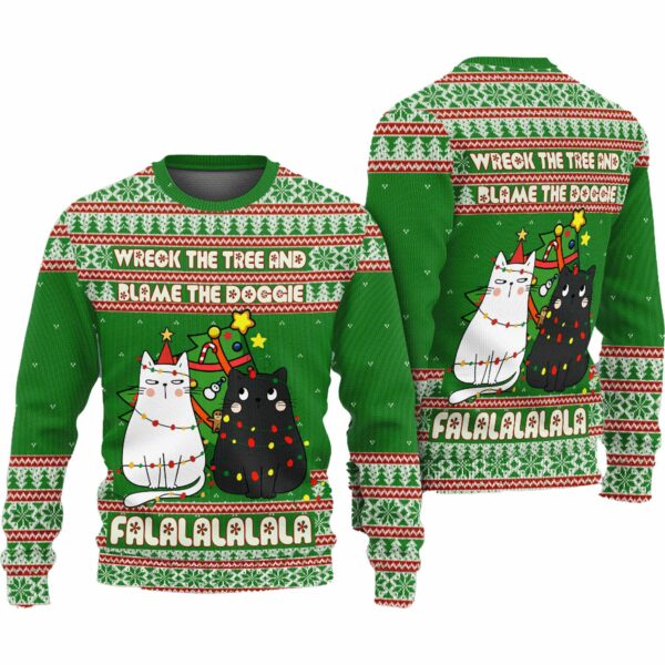 Cat Wreck The Tree And Blame The Doggie Falalalalala Ugly Christmas Sweater