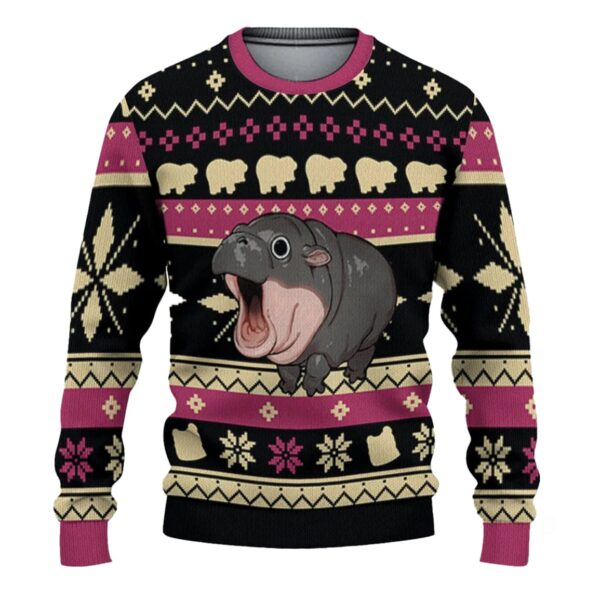 Funny Moo Deng Hippo Emote Pink Ugly Christmas Sweater 1