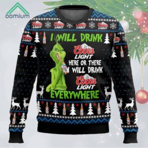 Grinch I Will Drink Coors Light Everywhere Ugly Christmas Sweater