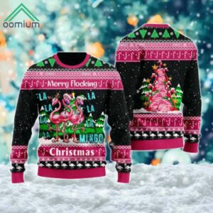 Pink Flamingo Merry Flocking Christmas Ugly Sweater 1