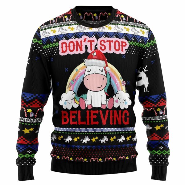 Unicorn Don't Stop Believing Ugly Christmas Sweater