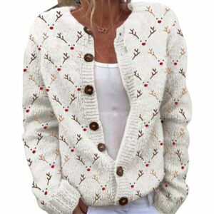 Christmas Reindeer Face Embroidered Cozy Knitted Cardigan