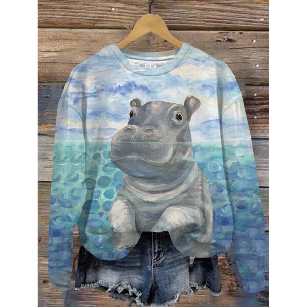 Cute Hippo In The Water Art Print Casual Sweatshirt