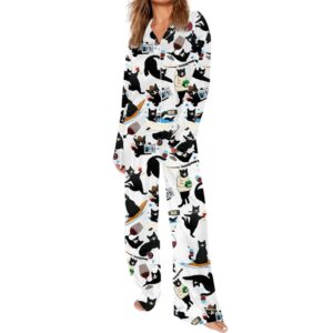 Womens Funny Black Cat Liquor Art Pajama Set 1