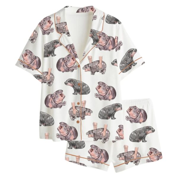 Womens Moo Deng Baby Hippo Satin Pajama Set