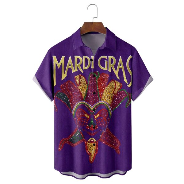 Mardi Gras Art Glitter Clown Mask Purple Hawaiian Shirt 1