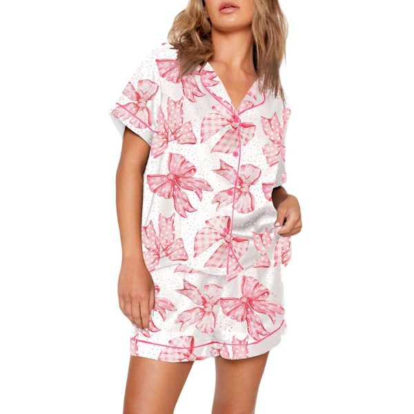 Pink Valentines Day Bows Print Pajama Set 1