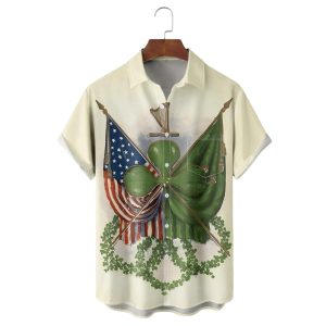 St Patricks Day Four Leaf Clover American Flag Hawaiian Shirt 1