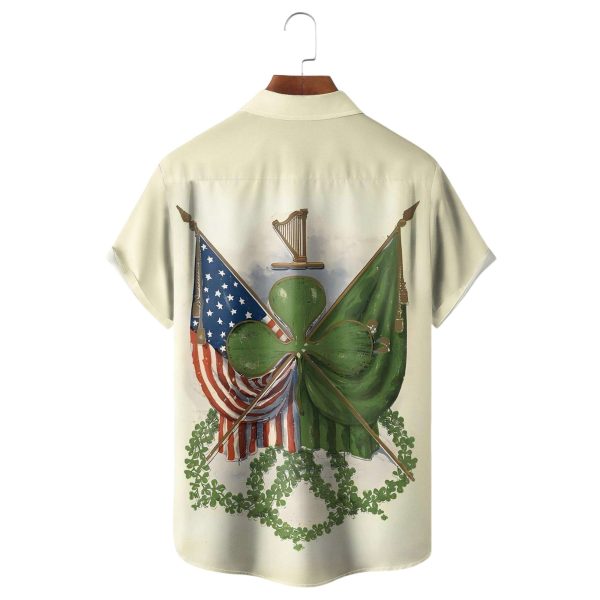 St Patricks Day Four Leaf Clover American Flag Hawaiian Shirt