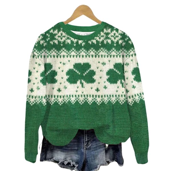 St Patricks Day Shamrock Knitted Casual Sweater